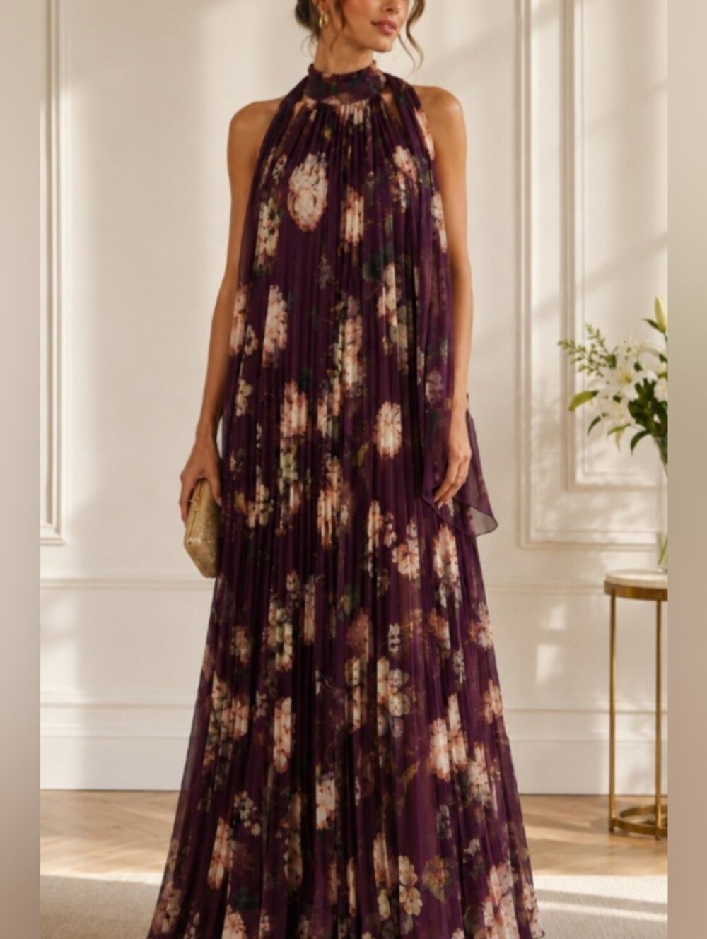 BHLDN Anthropologie Rosie Mock Neck Pleated Chiffon Maxi Dress -Size S